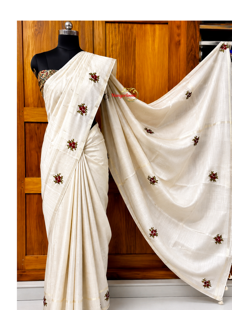 Semi-Tusser Bullion Rose Hand-Embroidered Saree — Off White