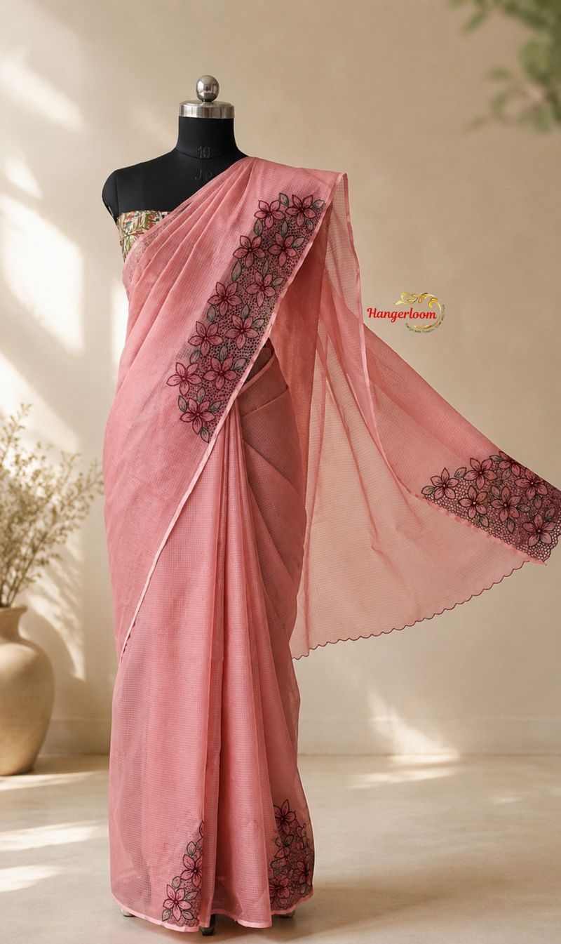 Onion Pink Cotton Check Kota Saree — Floral Cutwork Embroidery