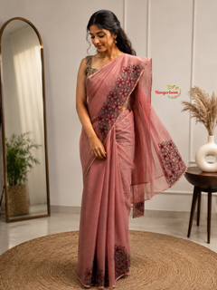 Onion Pink Cotton Check Kota Saree — Floral Cutwork Embroidery — view 2