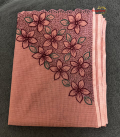 Onion Pink Cotton Check Kota Saree — Floral Cutwork Embroidery — view 3