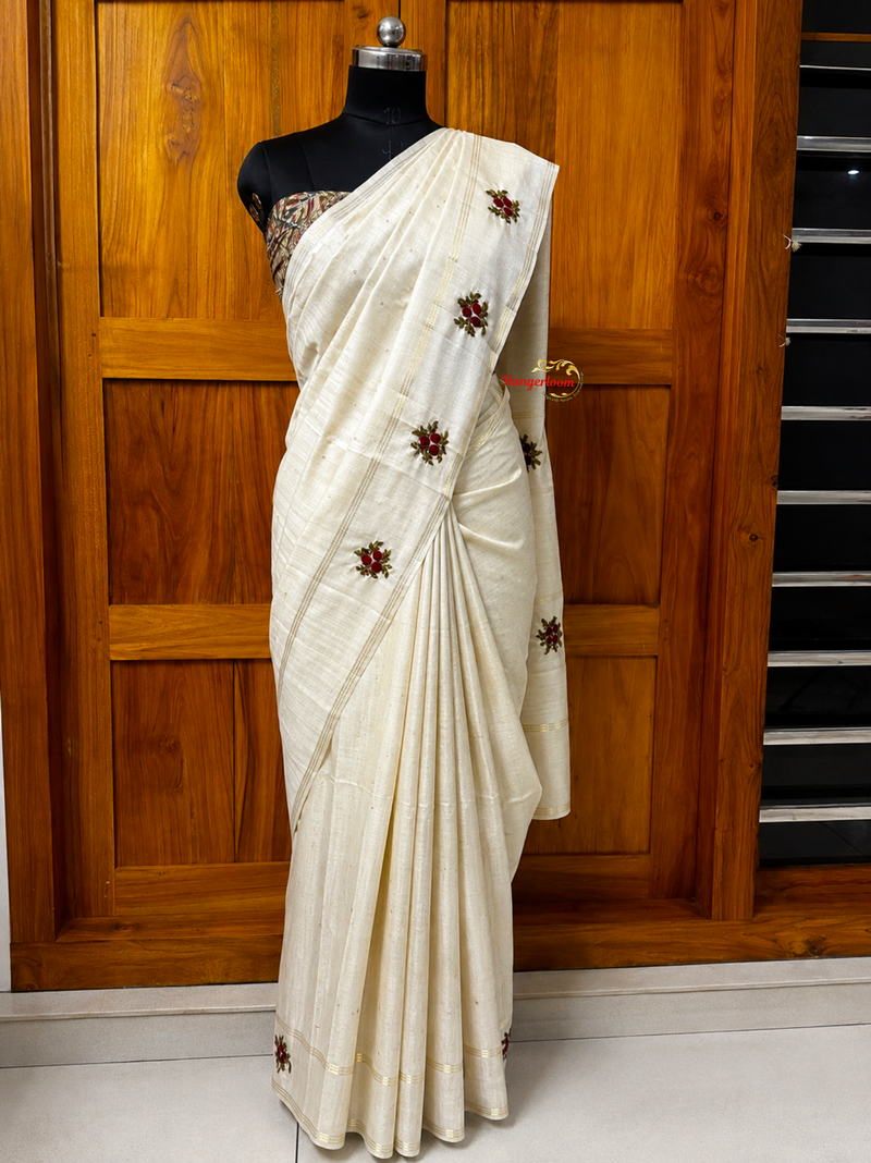 Semi-Tusser Bullion Rose Hand-Embroidered Saree — Off White