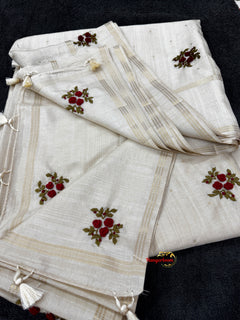 Semi-Tusser Bullion Rose Hand-Embroidered Saree — Off White — view 3