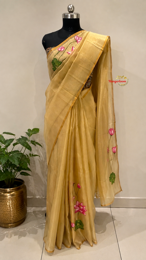 Golden Tissue Hand-Painted Lotus Saree — view 1