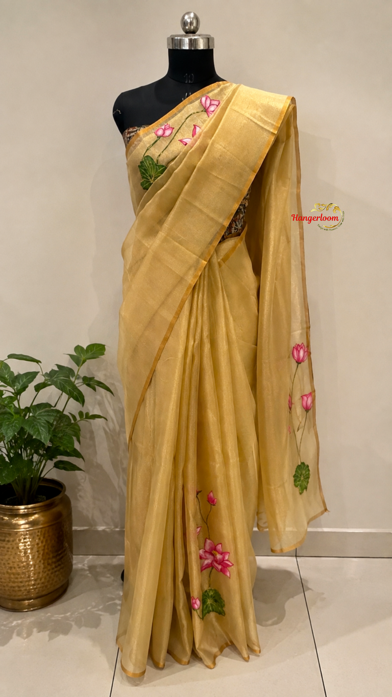 Golden Tissue Hand-Painted Lotus Saree
