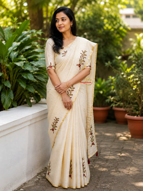 Kota Tissue Cream & Golden Hand-Embroidered Saree — model drape