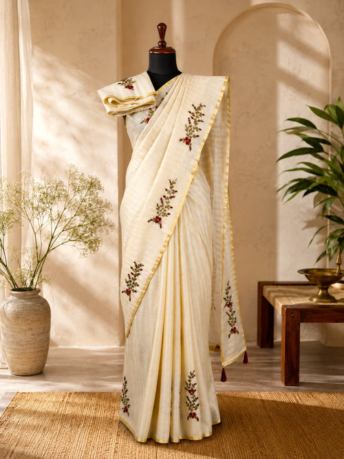 Kota Tissue Cream & Golden Hand-Embroidered Saree — styled drape