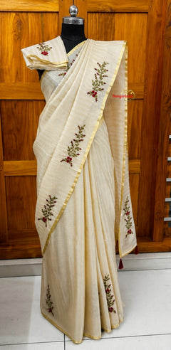 Kota Tissue Cream & Golden Hand-Embroidered Saree — mannequin drape with blouse