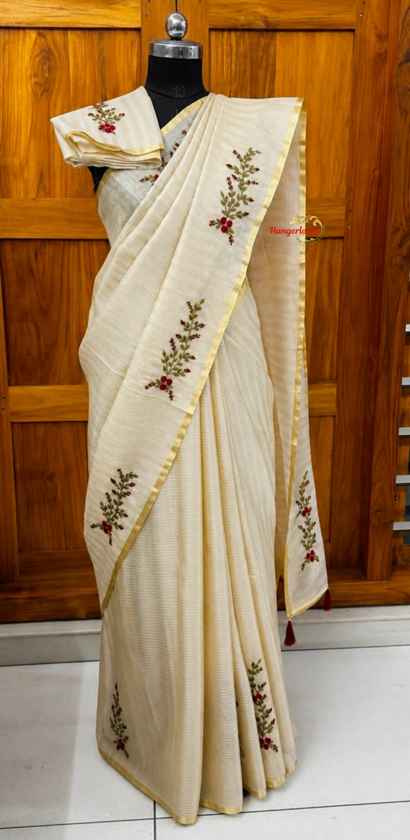 Kota Tissue Cream & Golden Hand-Embroidered Saree