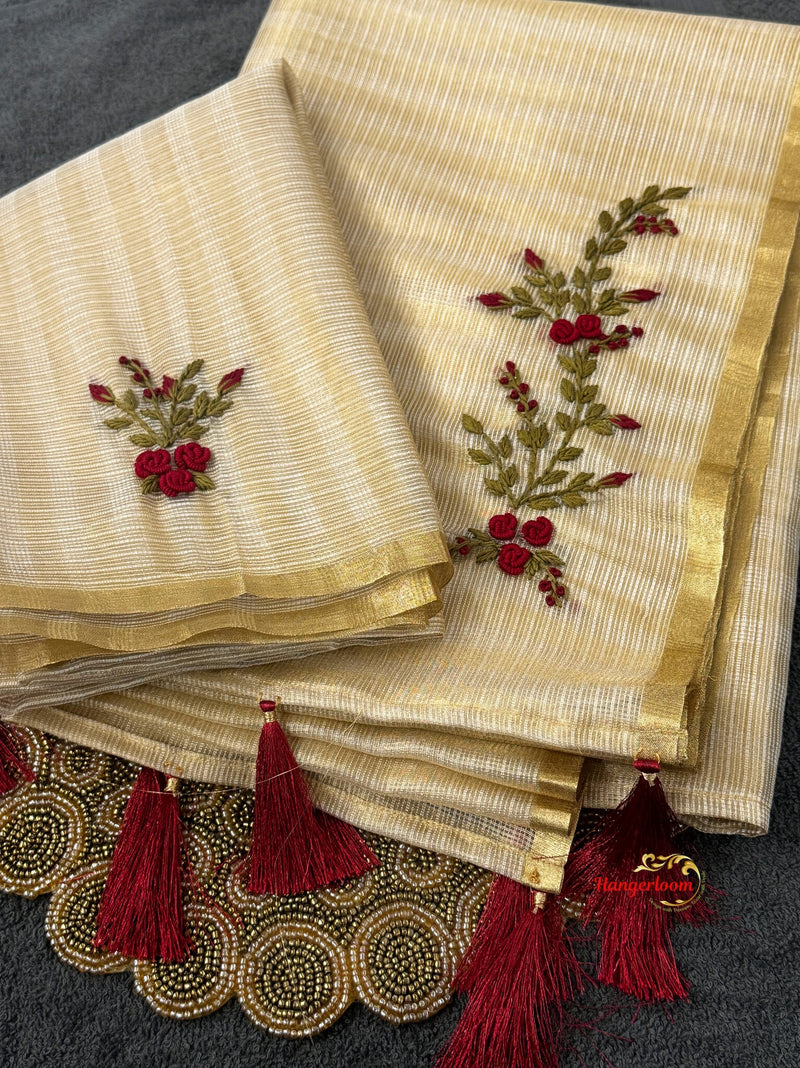 Kota Tissue Cream & Golden Hand-Embroidered Saree
