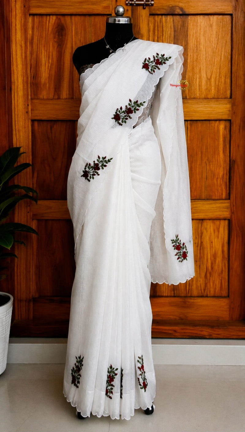 White Check Kota Saree with Hand-Embroidered Bullion Roses
