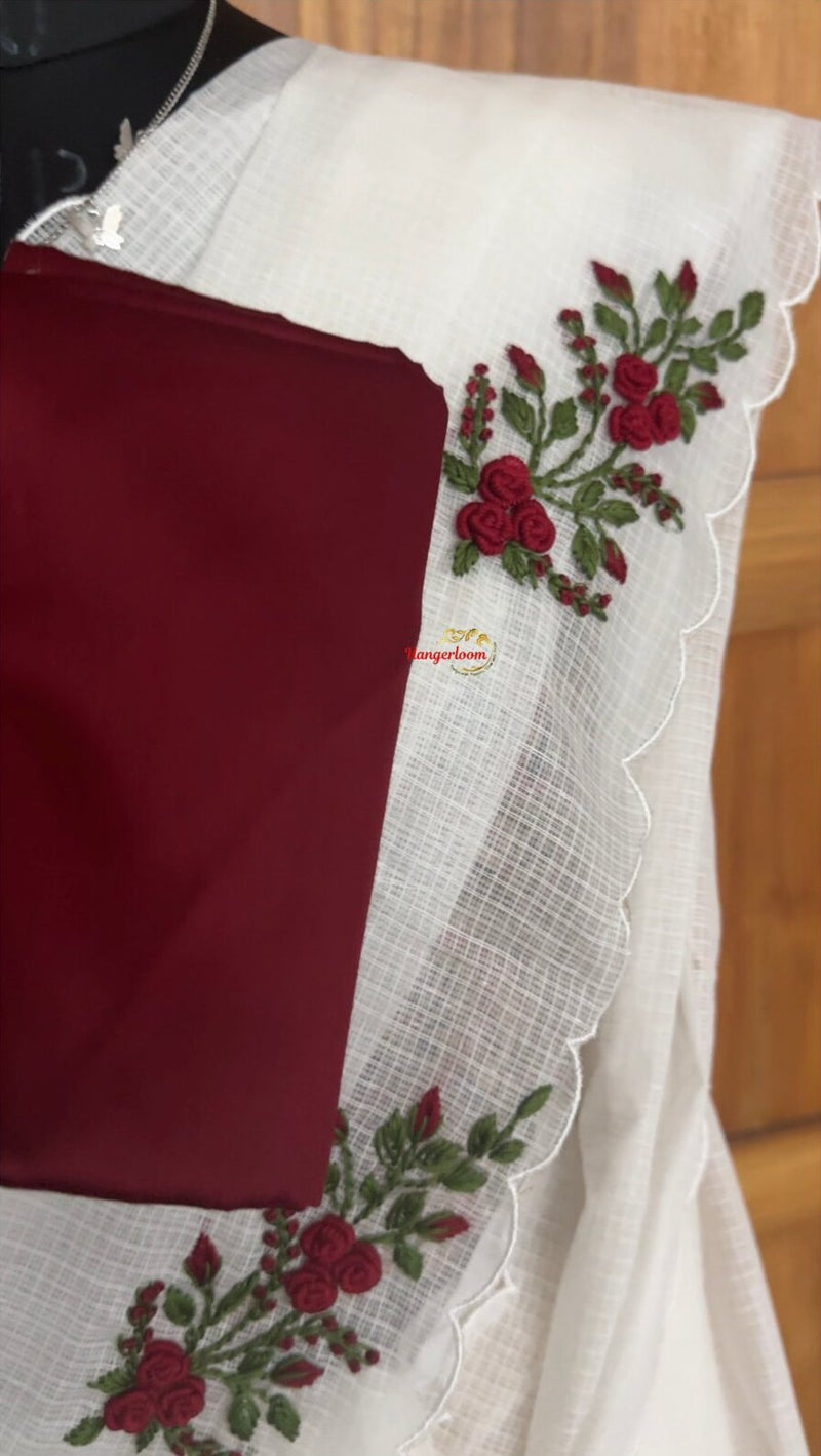 White Check Kota Saree with Hand-Embroidered Bullion Roses