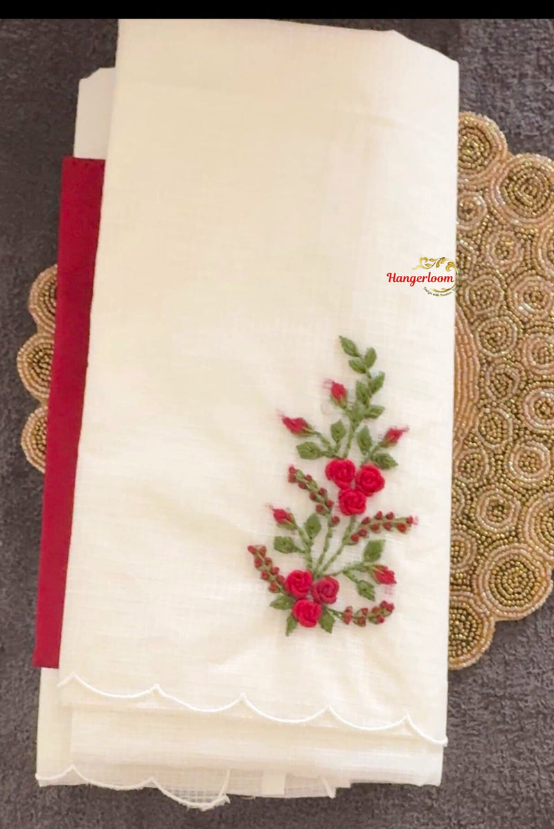 White Check Kota Saree with Hand-Embroidered Bullion Roses