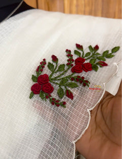 White Check Kota Saree with Hand-Embroidered Bullion Roses — view 4
