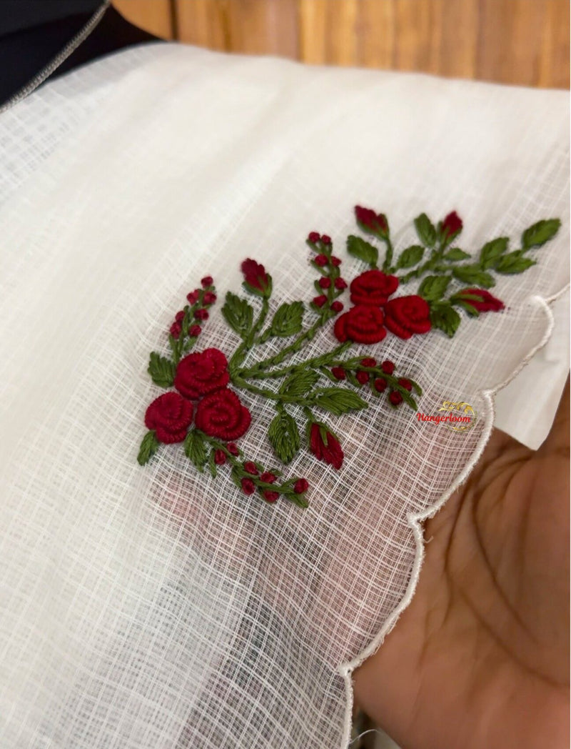 White Check Kota Saree with Hand-Embroidered Bullion Roses