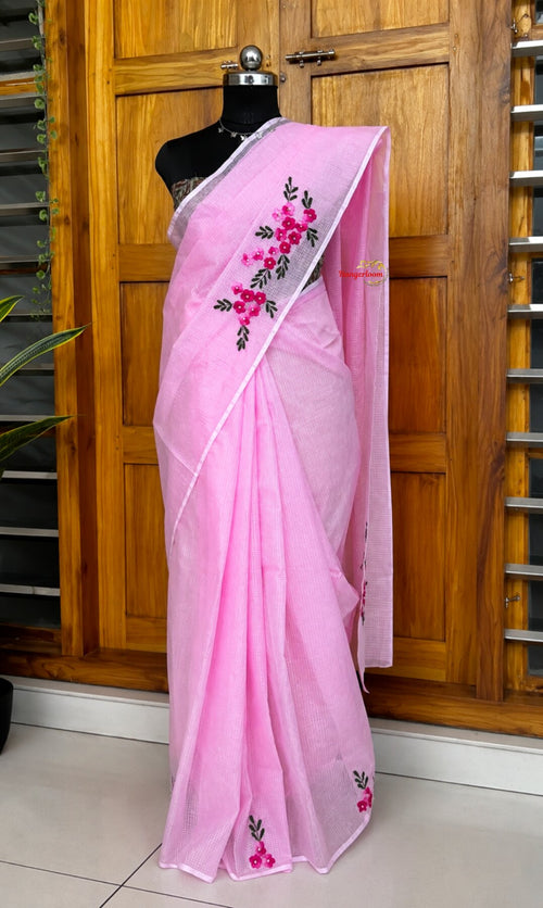 Pink Check Kota Saree with Hand-Embroidered Buttonhole Flowers — view 1
