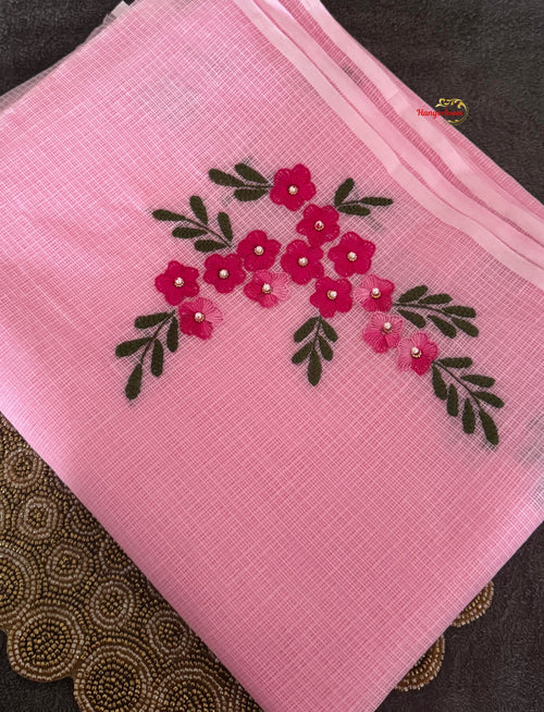 Pink Check Kota Saree with Hand-Embroidered Buttonhole Flowers — view 2