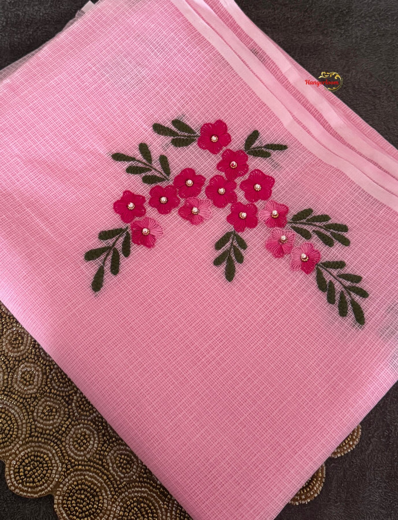 Pink Check Kota Saree with Hand-Embroidered Buttonhole Flowers