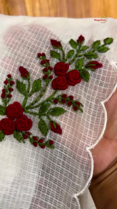 White Check Kota Saree with Hand-Embroidered Bullion Roses — detail video