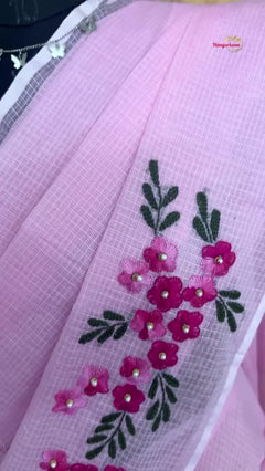 Pink Check Kota Saree with Hand-Embroidered Buttonhole Flowers — detail video