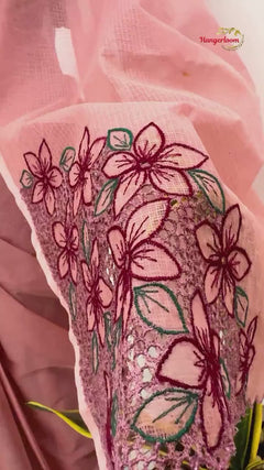 Onion Pink Cotton Check Kota Saree — floral cutwork detail video