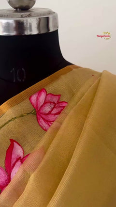 Golden Tissue Hand-Painted Lotus Saree — hand-painted detail video