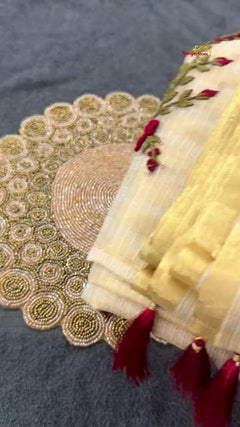 Kota Tissue Cream & Golden Hand-Embroidered Saree — hand-embroidered detail video